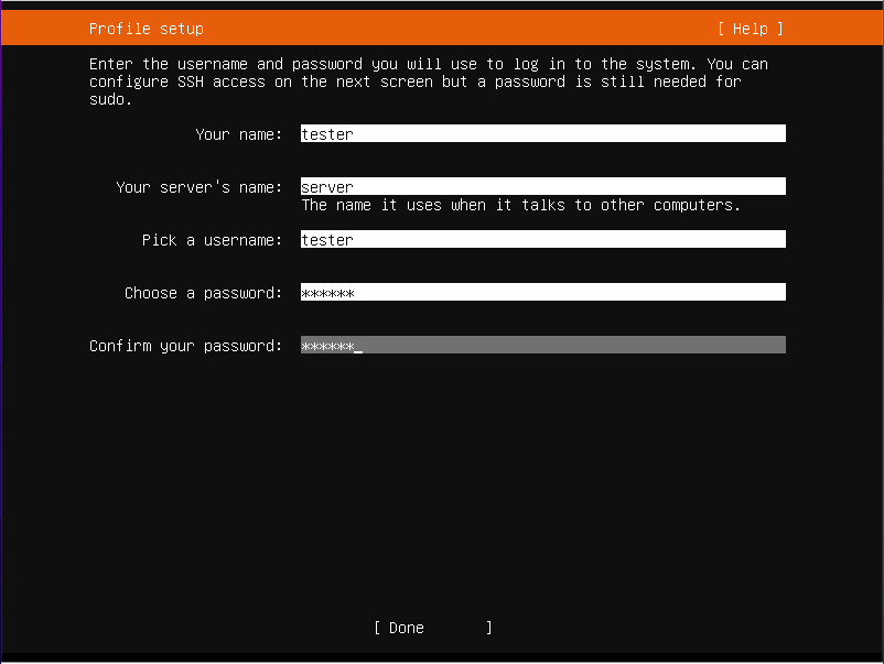 llenando perfil de usuario en ubuntu server 22.04