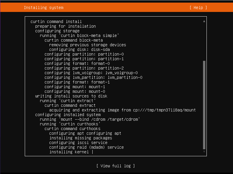 progreso de instalacion de ubuntu server 22.04