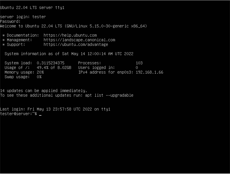 login en ubuntu server 22.04